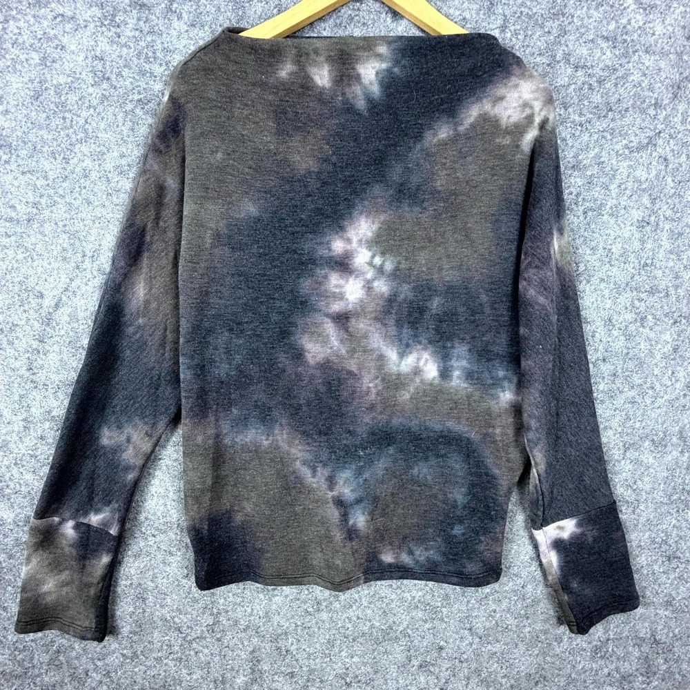 Enti Knit Top Womens Medium Gray Black Tie Dye Stretch Boat Neck Preppy Pullover